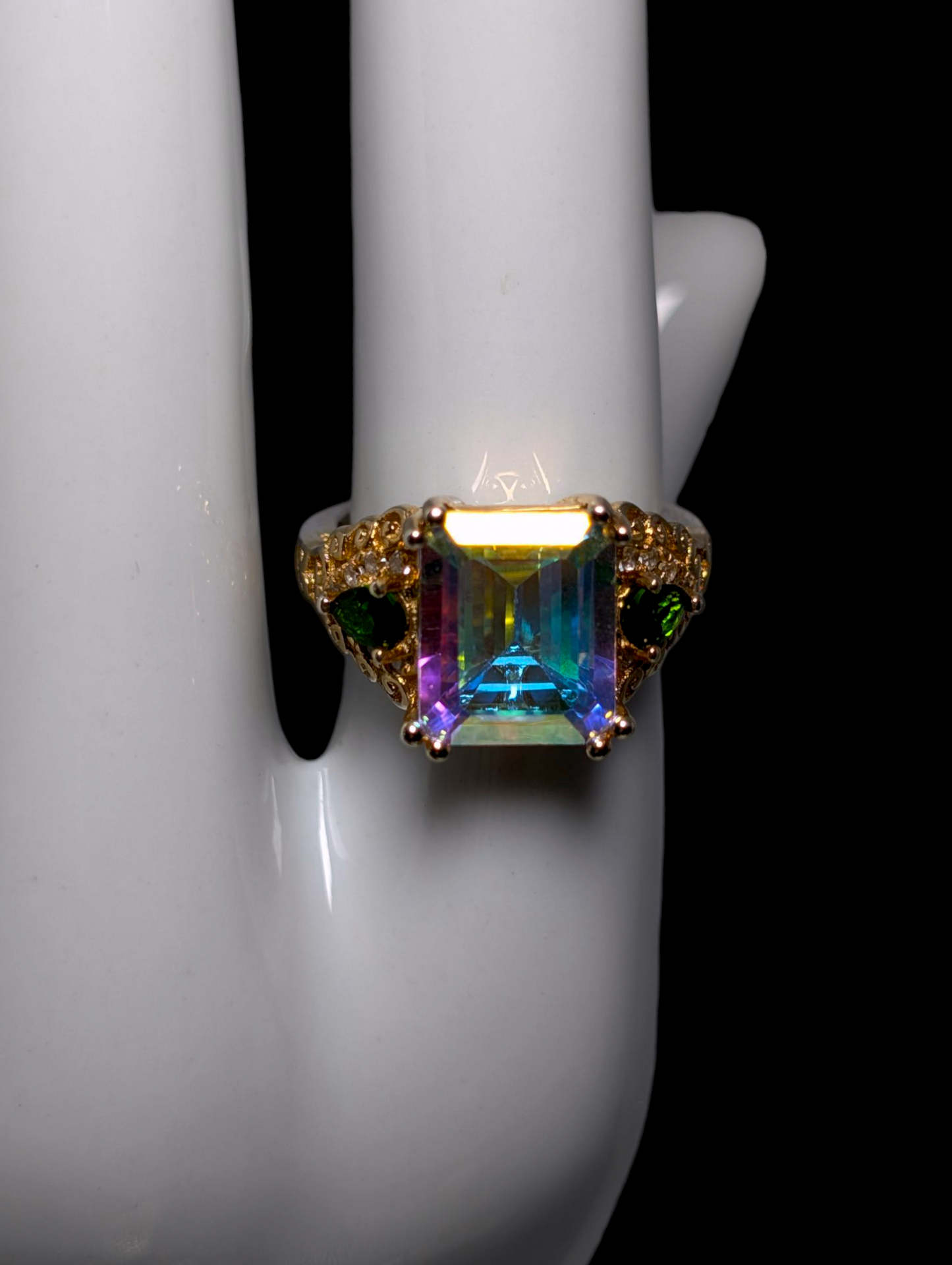 Vintage Emerald Cut Solitaire Genuine Mystic Topaz with Chrome Diopside and Zircon Accents 14k and Sterling Silver Ring