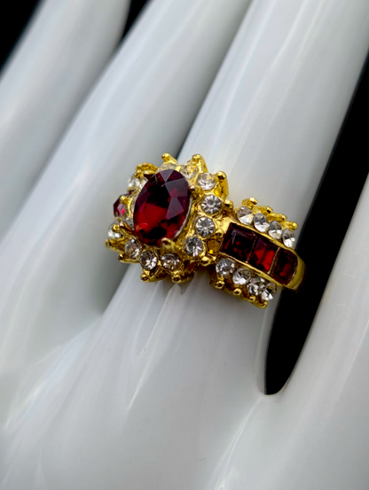Vintage Dazzling Simulated Red Ruby and Diamond Starburst Halo Gold Toned Statement Ring