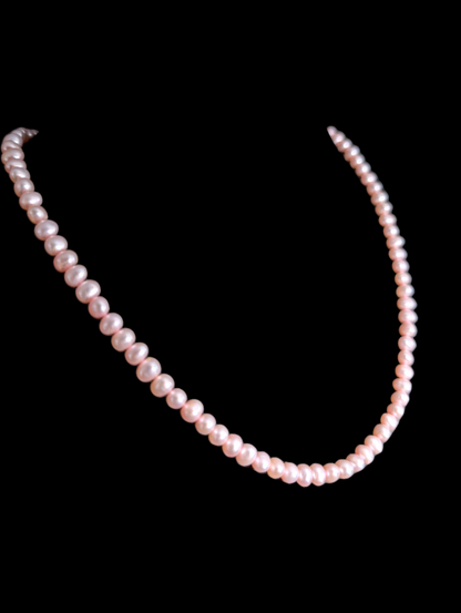 Vintage Dainty Genuine Pink Cultured Freshwater Pearl Oval Shaped Sterling Silver Necklace