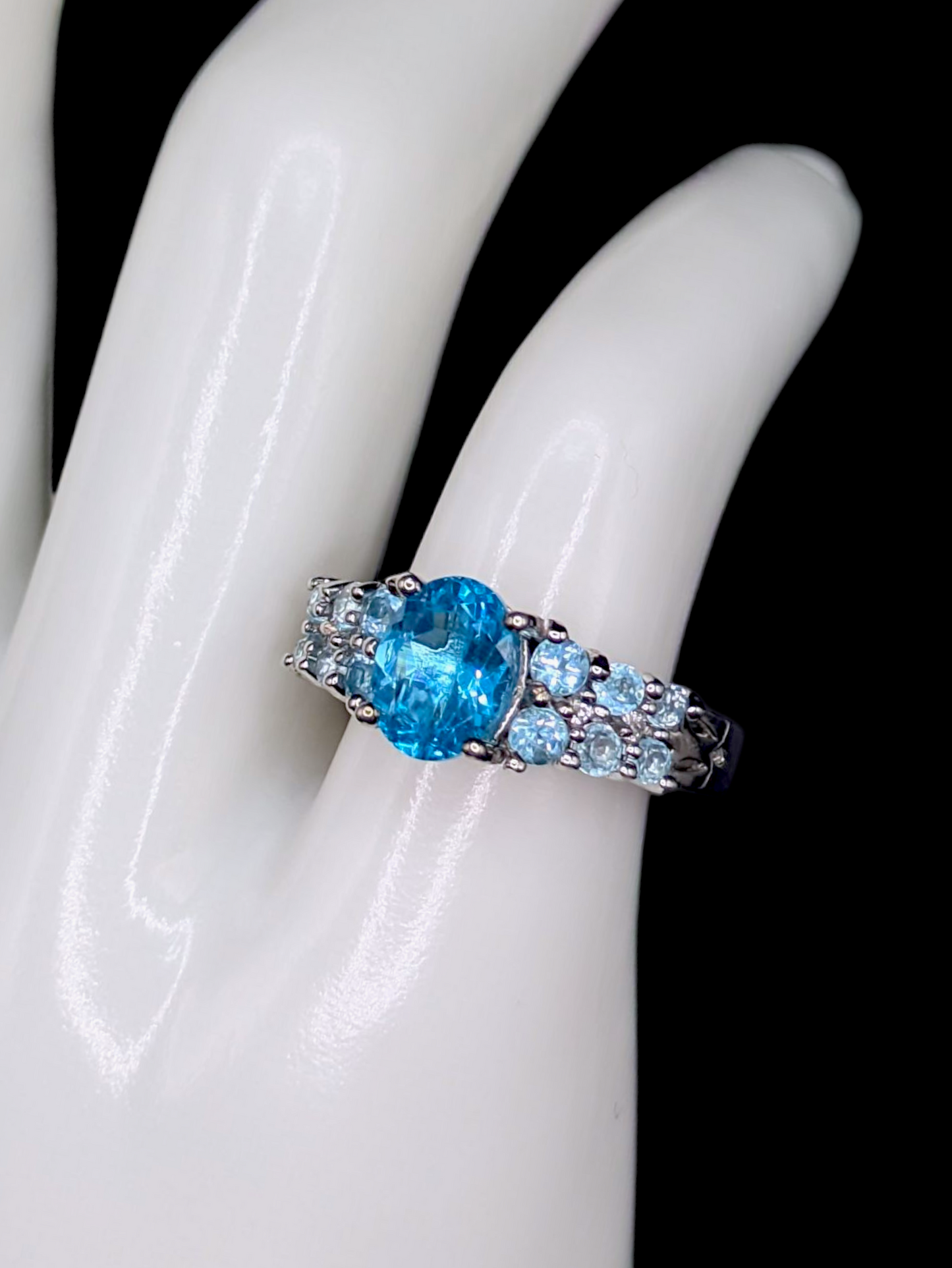 Vintage Inspired Oval Cut Simulated Blue Topaz Silver Toned Ring