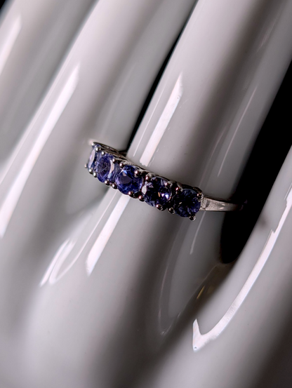 Vintage Half Infinity Band Round Cut Genuine Tanzanite Sterling Silver Band Ring