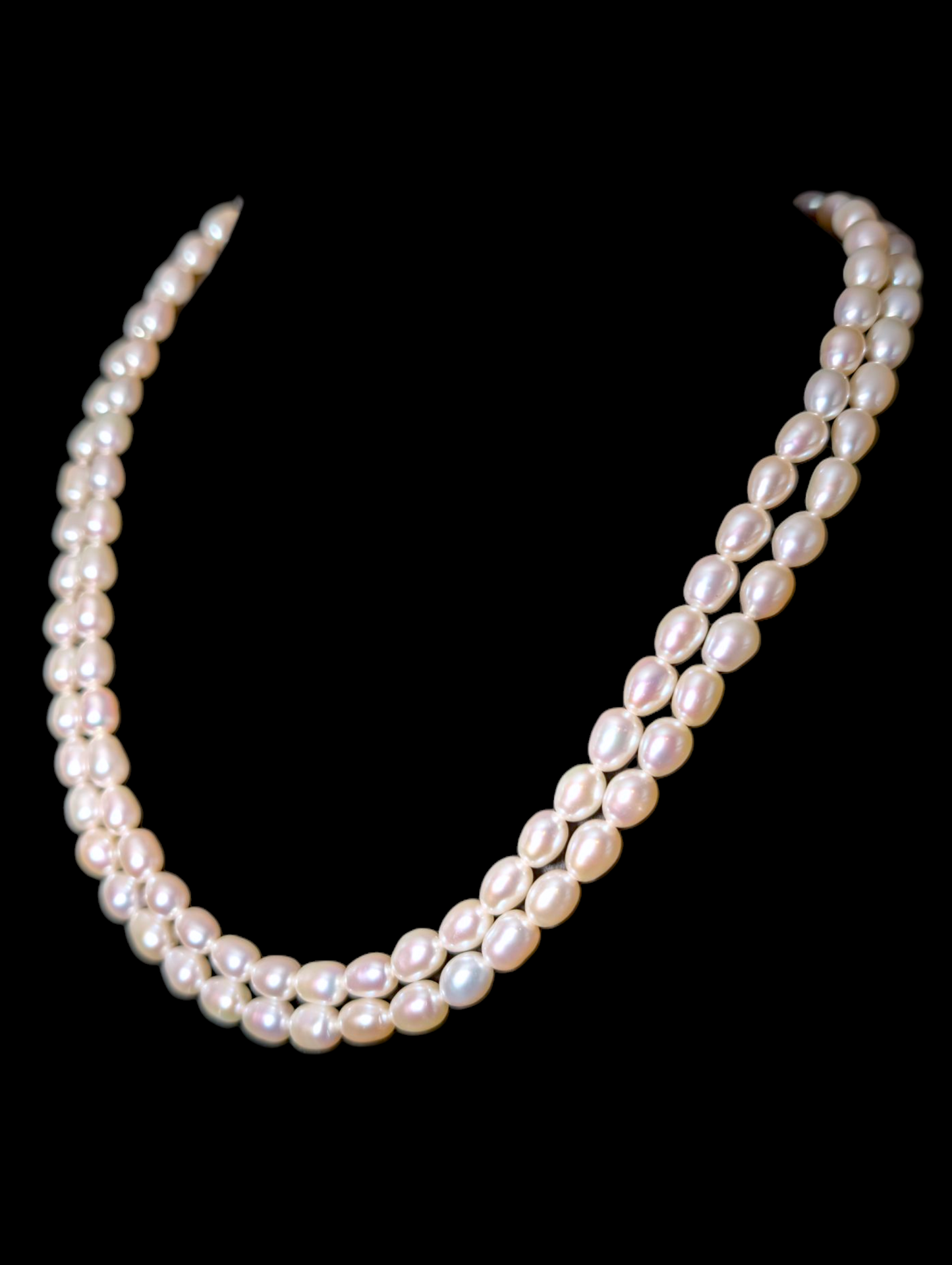 Vintage Hand Knotted Genuine Freshwater Oval Pearl Double Strand Sterling Silver Lobster Clasp Necklace