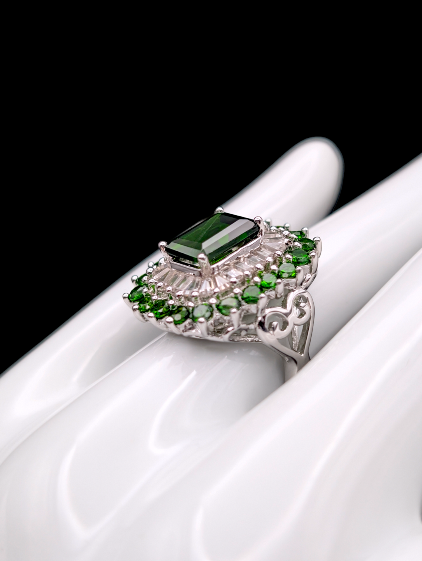 Vintage Art Deco Inspired Emerald Cut Genuine Chrome Diopside, Peridot and White Topaz Baguette Staggered Starburst Halo Sterling Silver Ring