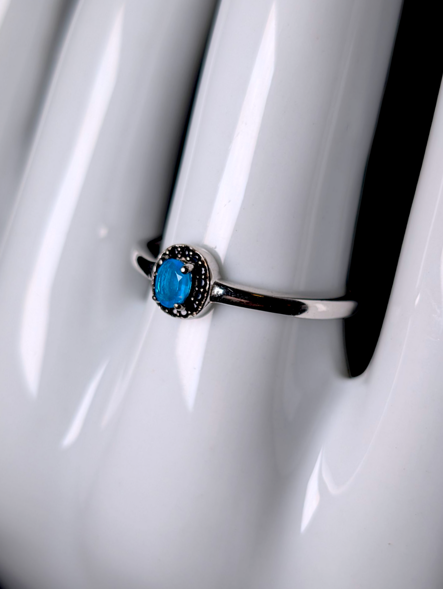Vintage Dainty Oval Cut Genuine Blue Opal Solitaire with Black Onyx Halo Sterling Silver Stackable Ring