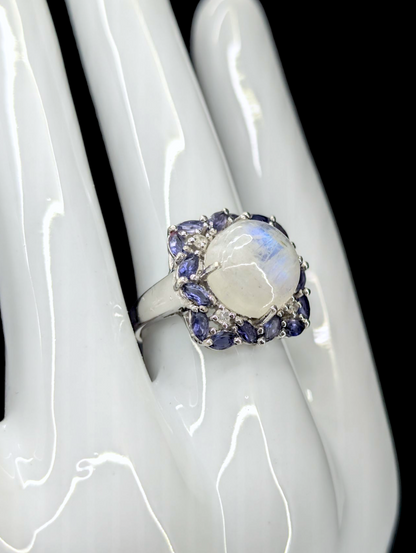Vintage Large Genuine White Rainbow Moonstone and Tanzanite with Diamond Rhodium over Sterling Silver Ring