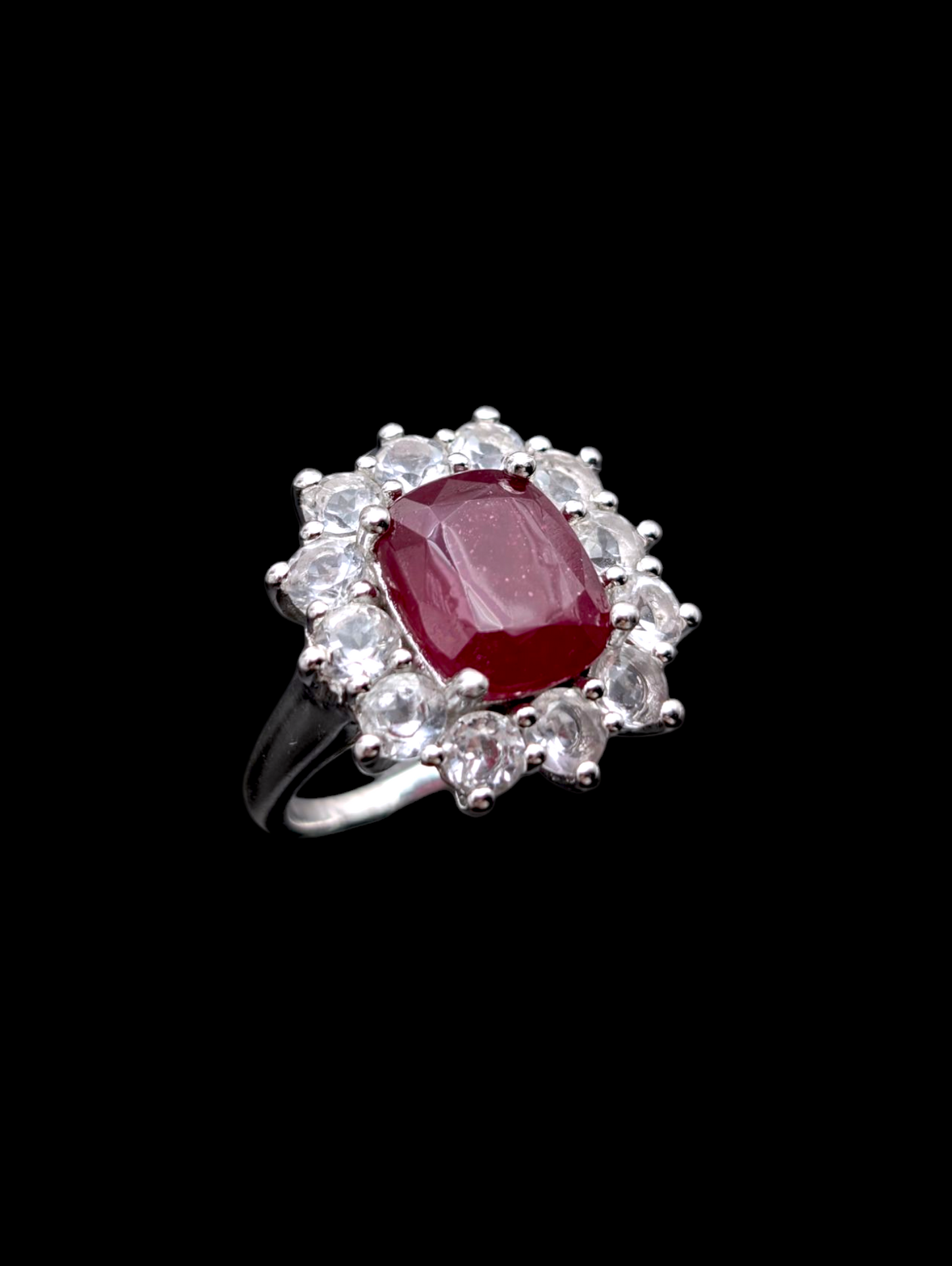 Vintage Earth Mined Genuine Ruby Rectangular Cushion Cut Solitaire and White Topaz Halo Rhodium over Sterling Silver Statement Ring