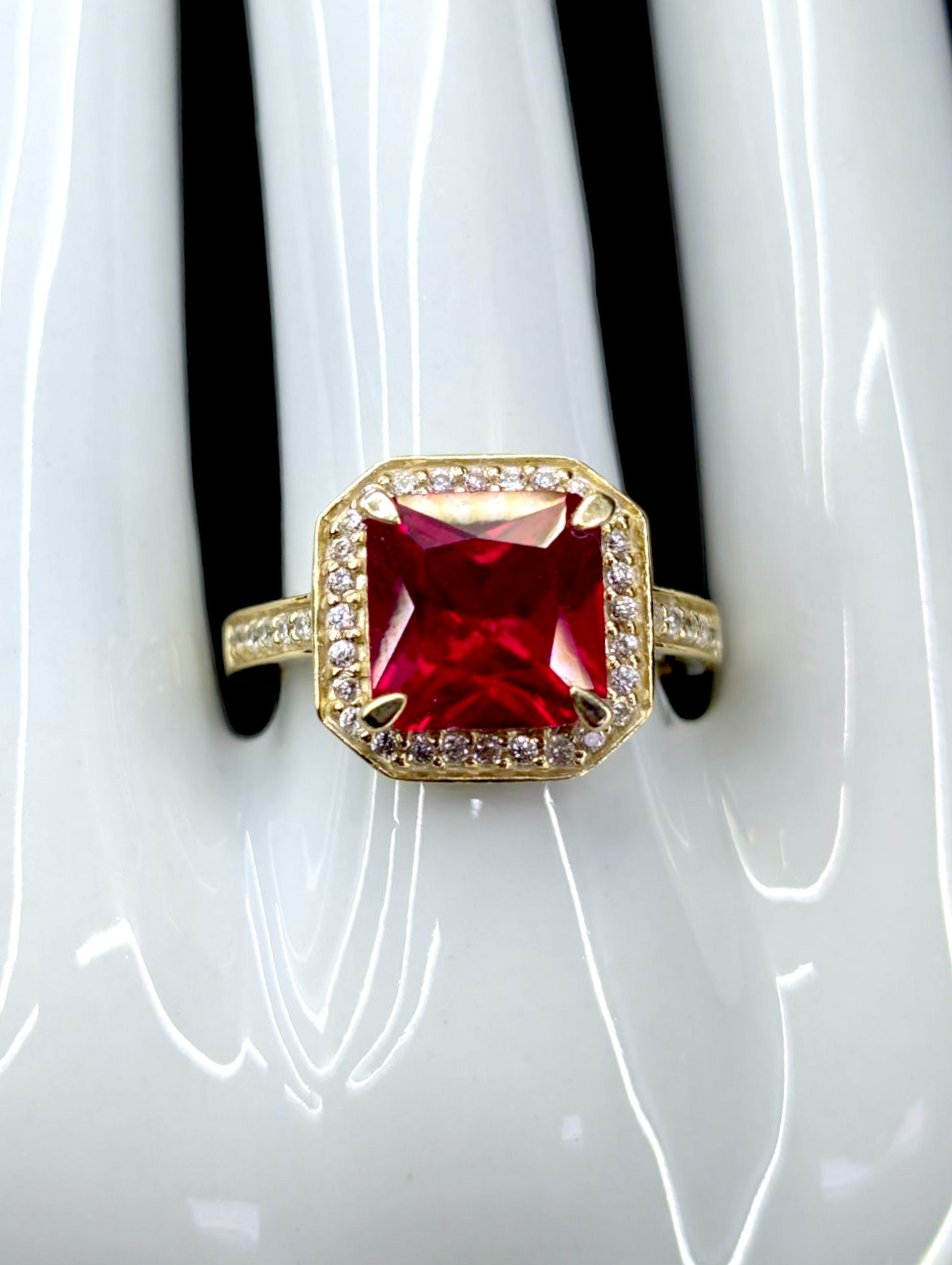 Vintage 5.6 Carat Solitaire Genuine Ruby and Zircon Halo 14k Gold Vermeil Princess Cut Ring