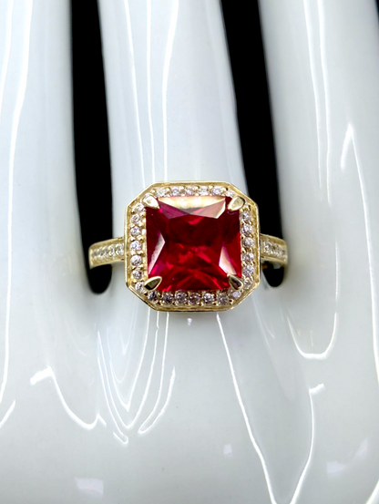 Vintage 5.6 Carat Solitaire Genuine Ruby and Zircon Halo 14k Gold Vermeil Princess Cut Ring