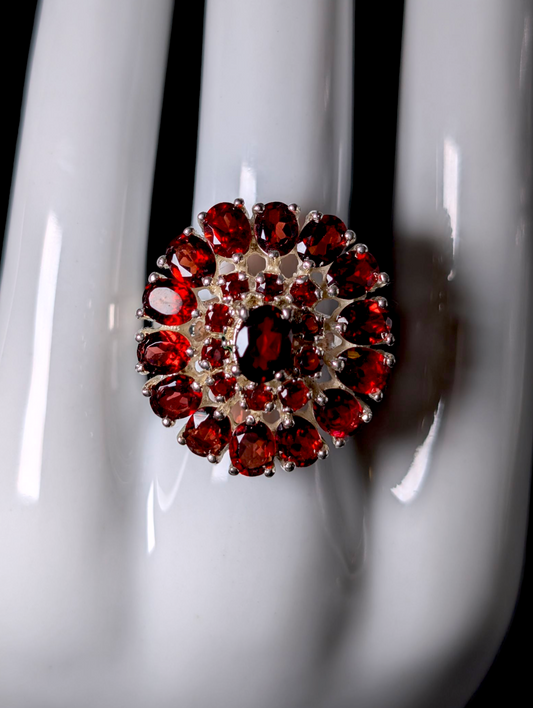 Vintage Oval Cut Genuine Pyrope Garnet Cluster Sterling Silver Statement Ring