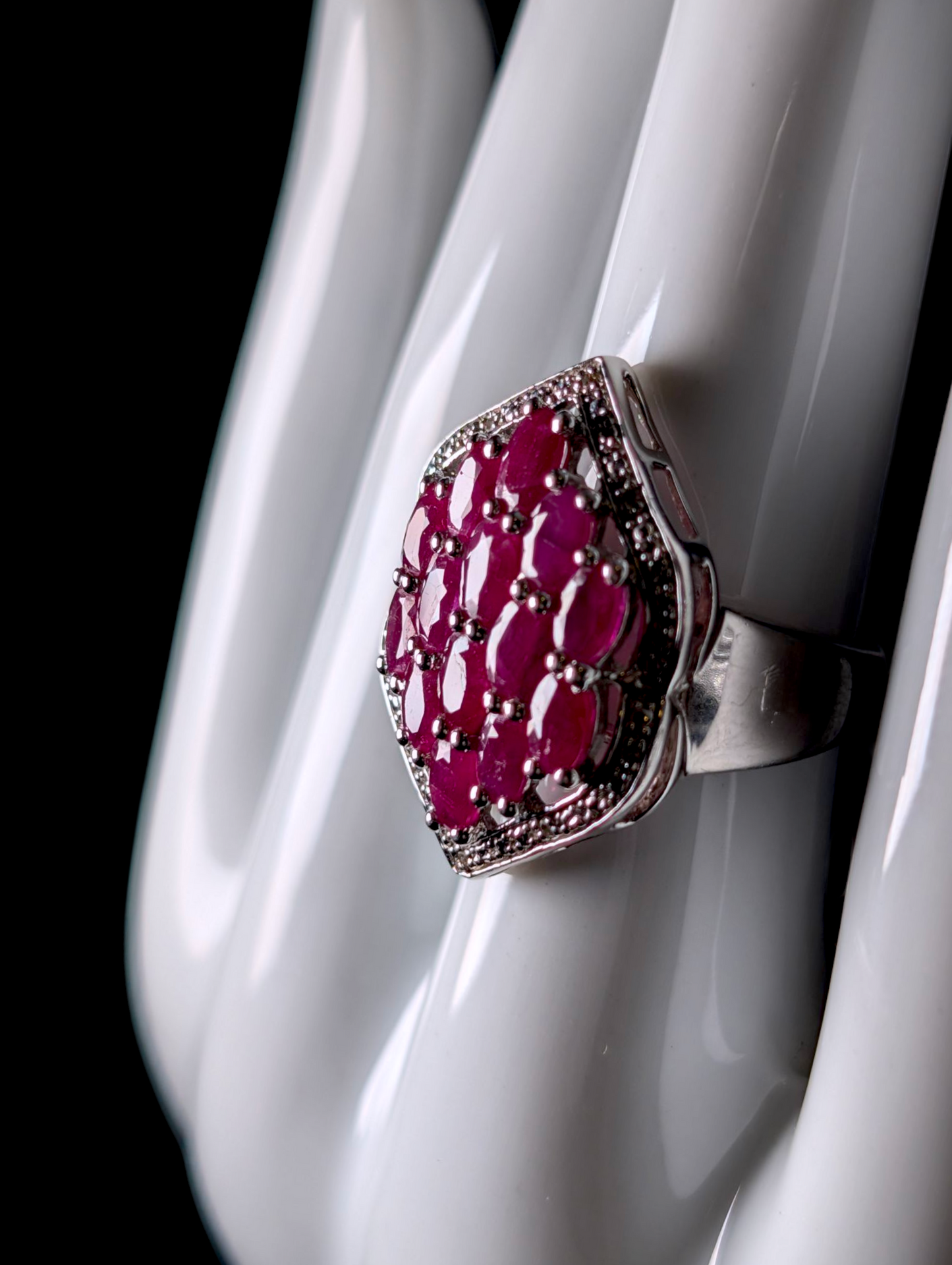 Vintage 3 Carat Earth Mined Genuine Ruby and Diamond Halo Sterling Silver Cluster Statement Ring