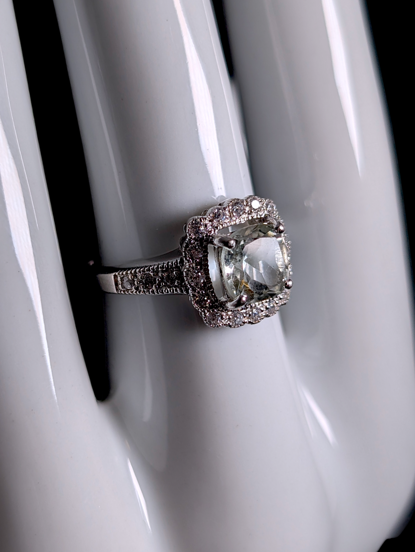 Vintage Cushion Cut Genuine Prasiolite and Simulated Diamond Halo Sterling Silver Ring