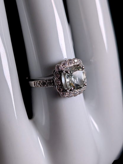 Vintage Cushion Cut Genuine Prasiolite and Simulated Diamond Halo Sterling Silver Ring