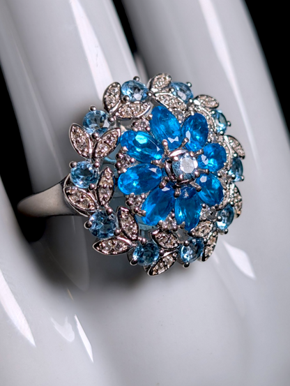 Vintage Dazzling Starburst Cluster Genuine Blue Apatite and Topaz Sterling Silver Statement Ring