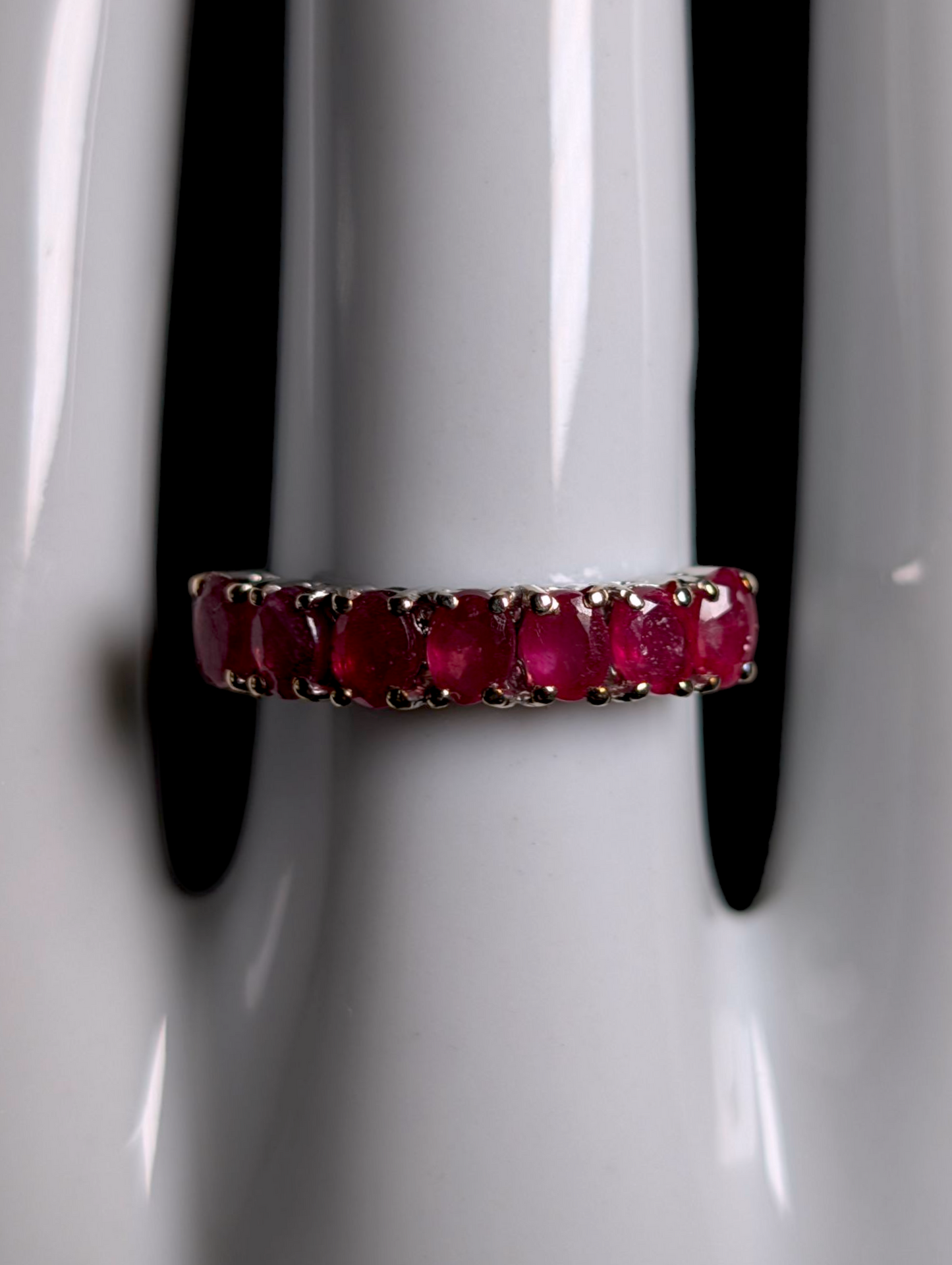 Vintage Half Eternity Oval Cut Earth Mined Genuine Ruby Sterling Silver Band Ring