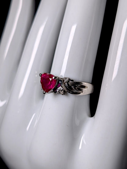 Vintage Genuine Ruby Heart Cut Solitaire with Diamond Accents Silver Toned Ring