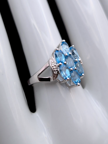 Vintage 2+ Carat Cluster Style Genuine Swiss Blue Topaz and White Diamond Accented Sterling Silver Ring