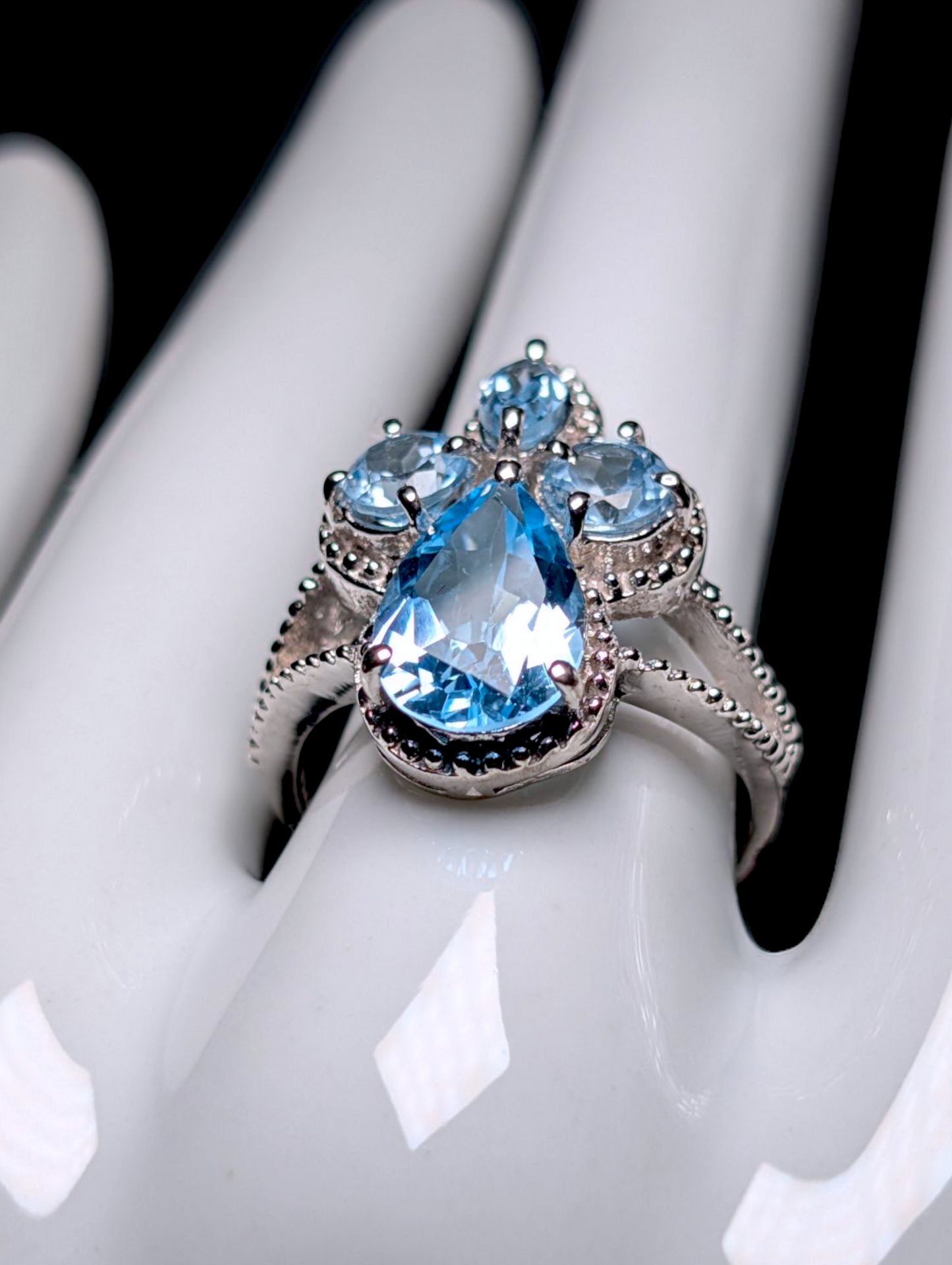 Vintage Inspired Large Mixed Cut Genuine Swiss and Sky Blue Topaz Cluster Rhodium over Sterling Silver Statement Ring