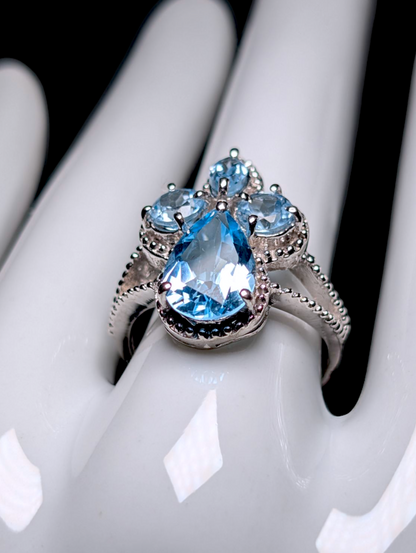 Vintage Inspired Large Mixed Cut Genuine Swiss and Sky Blue Topaz Cluster Rhodium over Sterling Silver Statement Ring