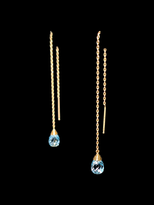 Vintage Imperial Gold Co. Threader Genuine Sky Blue Topaz Briolette 14k Yellow Gold Earrings