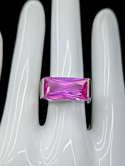 1980s 16 Carat East West Baguette Cut Genuine Pink Sapphire Solitaire Silver Ring