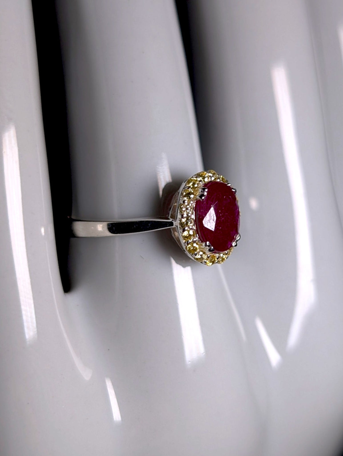 Vintage Oval Cut Genuine Ruby Solitaire with Simulated Yellow Diamond Halo Sterling Ring