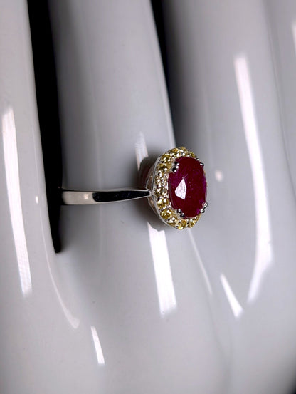 Vintage Oval Cut Genuine Ruby Solitaire with Simulated Yellow Diamond Halo Sterling Ring