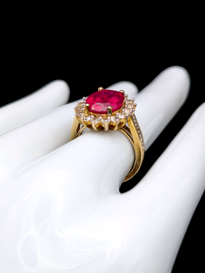 Vintage Oval Cut Genuine Ruby Solitaire with White Sapphire Halo 18k Gold Vermeil Statement Ring