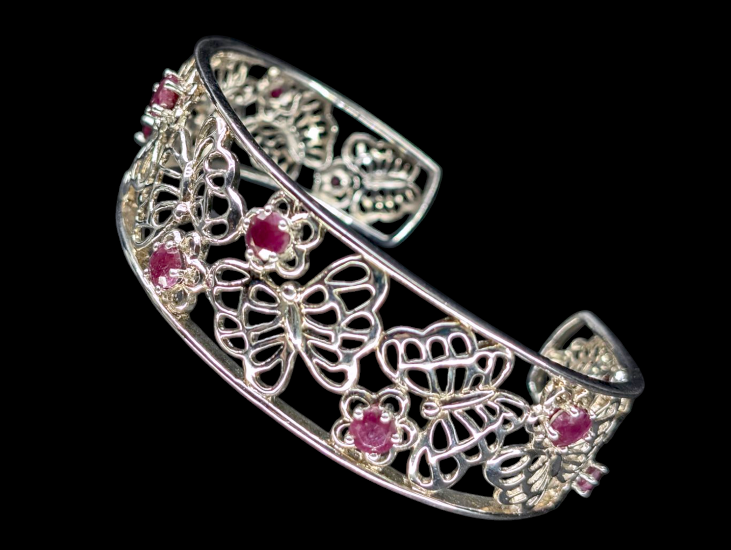 Vintage Genuine Ruby Gemstone Sterling Silver Butterfly Filigree Cuff Bracelet