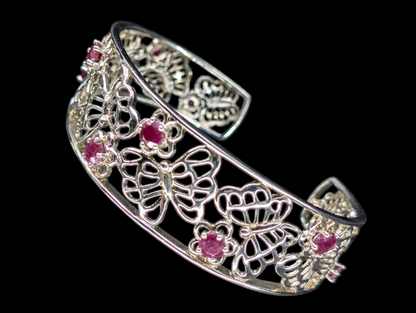 Vintage Genuine Ruby Gemstone Sterling Silver Butterfly Filigree Cuff Bracelet
