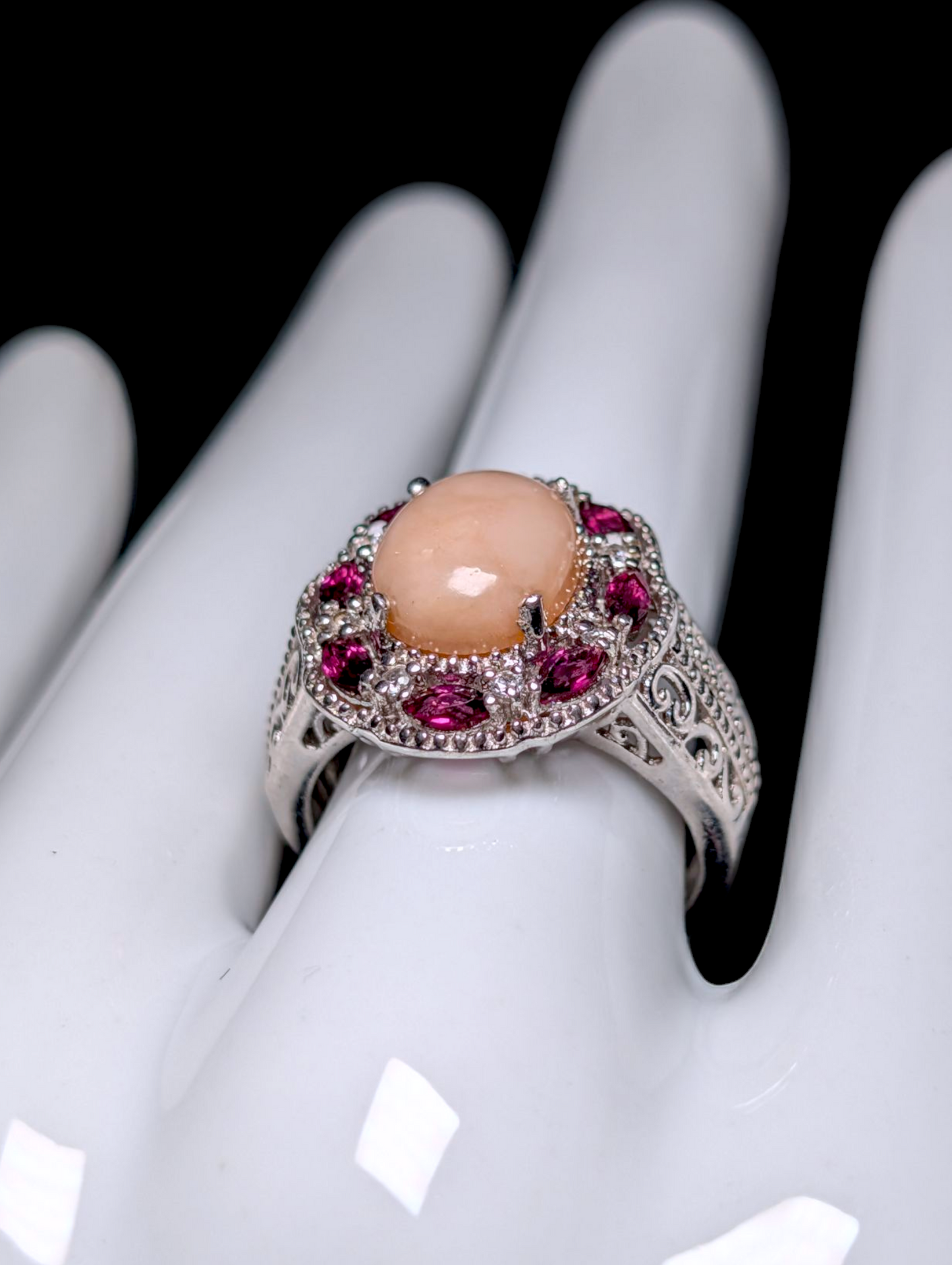 Vintage Edwardian Inspired Genuine Pink Opal Solitaire with Rhodolite Garnet and White TopazHalo Sterling Silver Filigree Ring