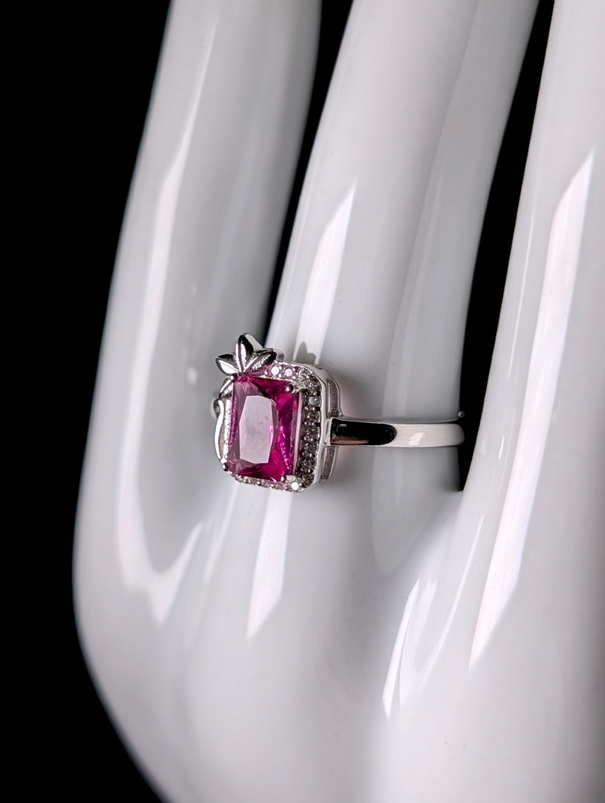 Art Nouveau Inspired Radiant Cut Genuine Pink Tourmaline Solitaire Sterling Silver Ring