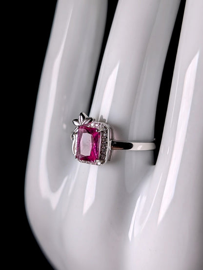 Art Nouveau Inspired Radiant Cut Genuine Pink Tourmaline Solitaire Sterling Silver Ring