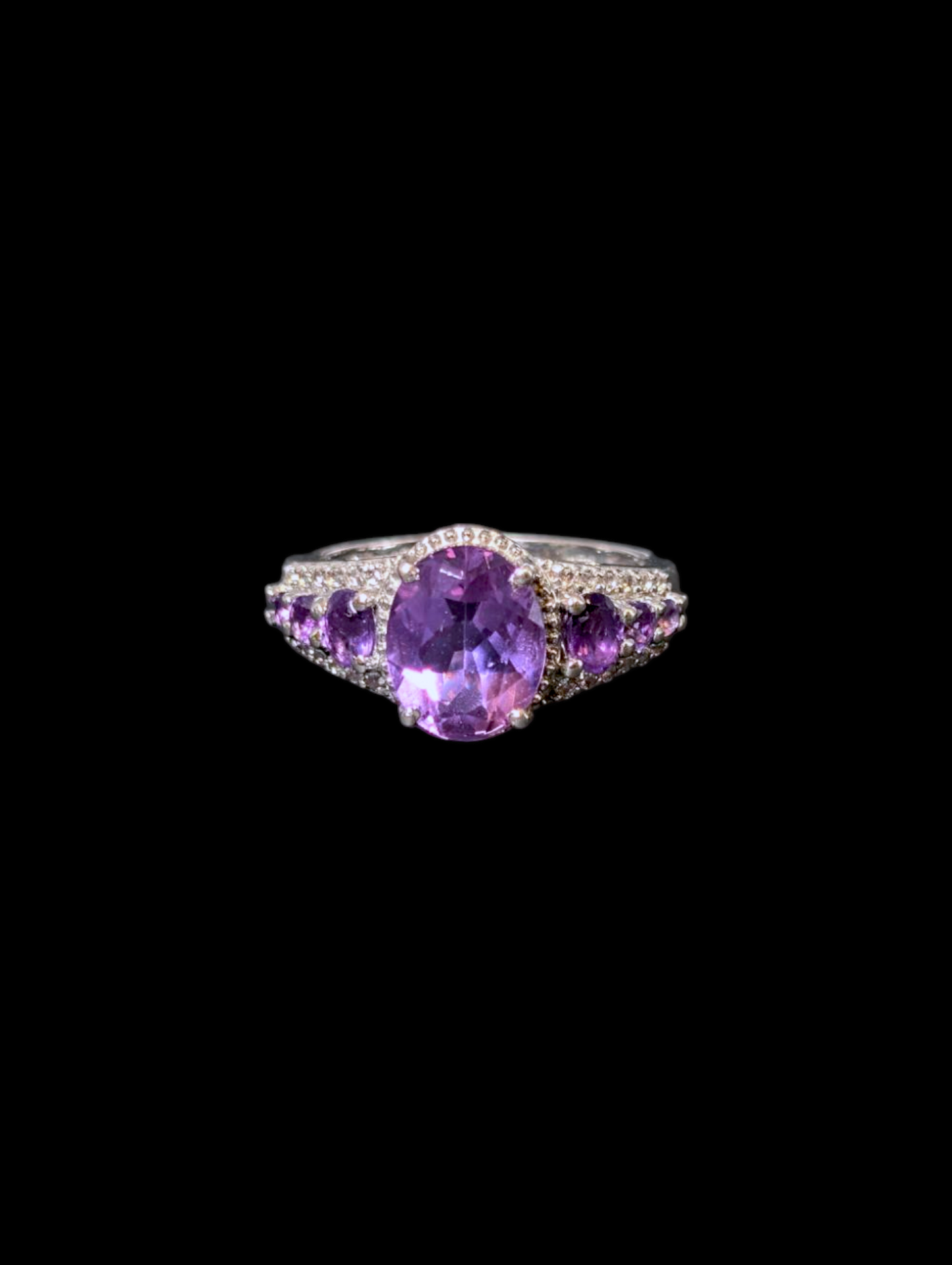 Vintage Graduating Genuine Grape Amethyst with White Zircon Halo Sterling Silver Statement Ring