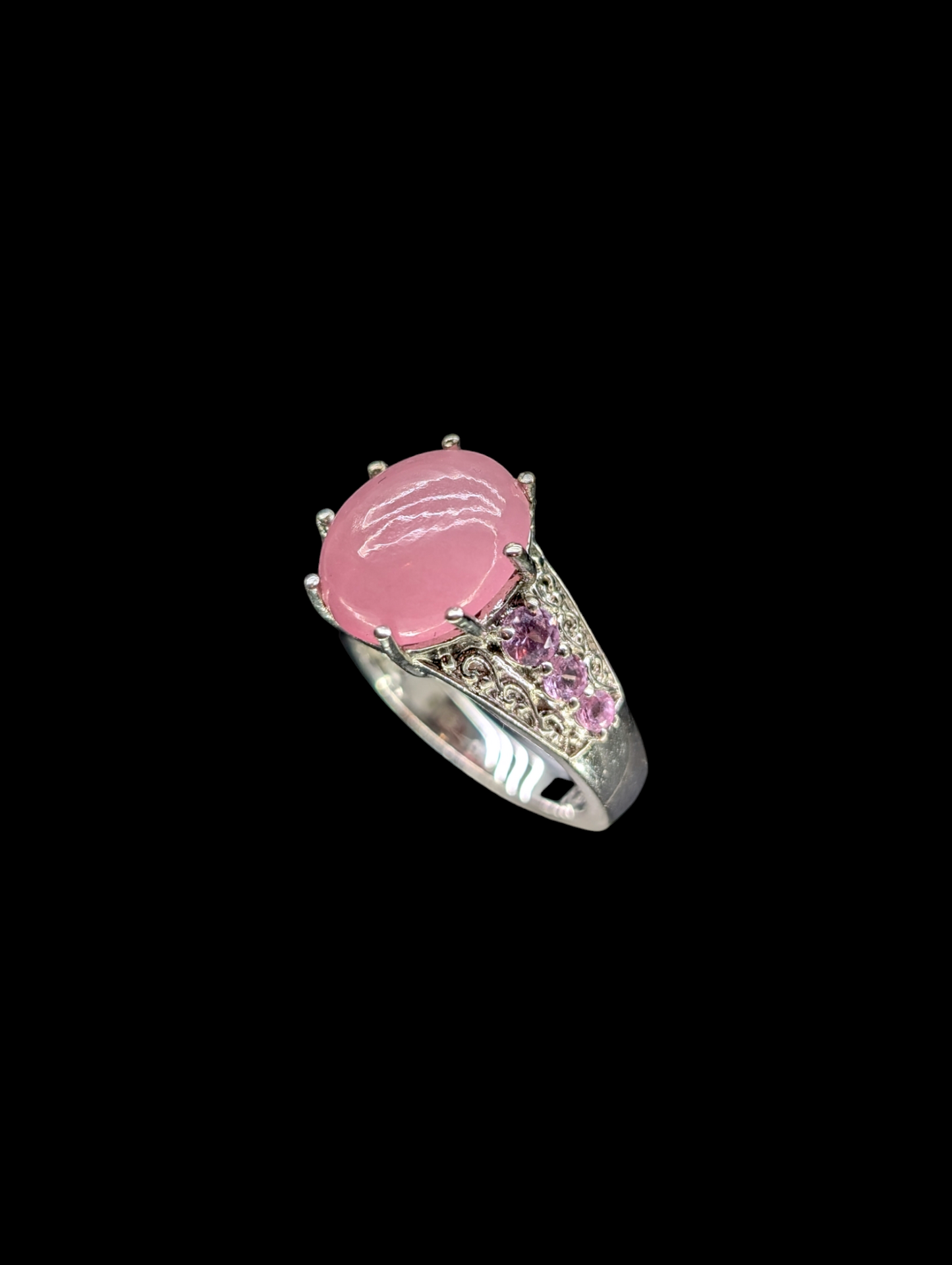 Vintage Karis Oval Cabochon Cut Genuine Pink Jade and Genuine Pink Sapphire Sterling Silver Ring