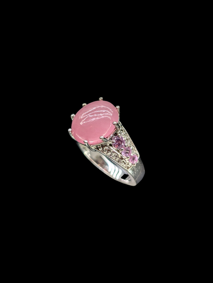 Vintage Karis Oval Cabochon Cut Genuine Pink Jade and Genuine Pink Sapphire Sterling Silver Ring