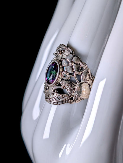 Vintage Art Nouveau Inspired Simulated Mystic Topaz Flower and Butterfly Sterling Silver Ring