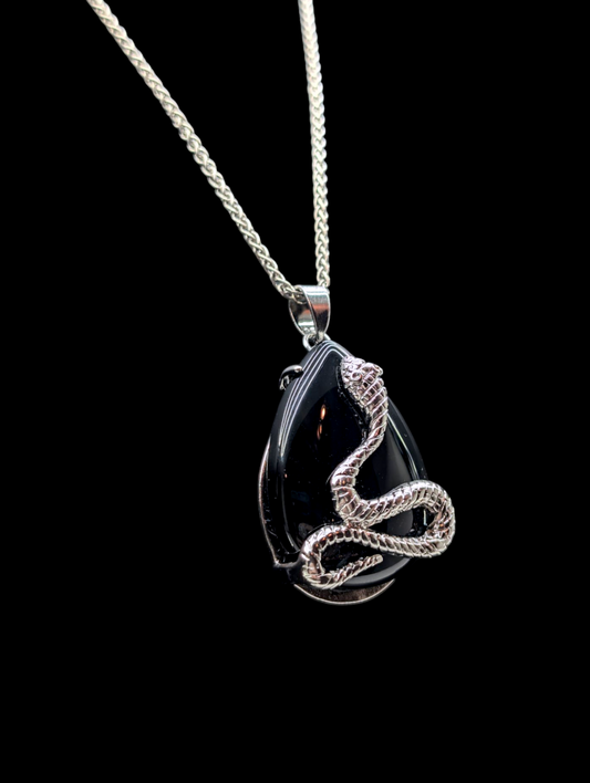 Vintage Inspired Genuine Black Onyx and Silver Snake Teardrop Pendant