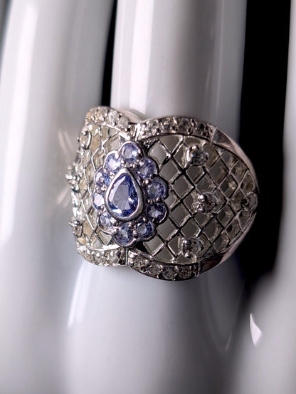 Vintage Pear Cut Genuine Tanzanite Solitaire with Basket Weave Filigree Sterling Silver Ring