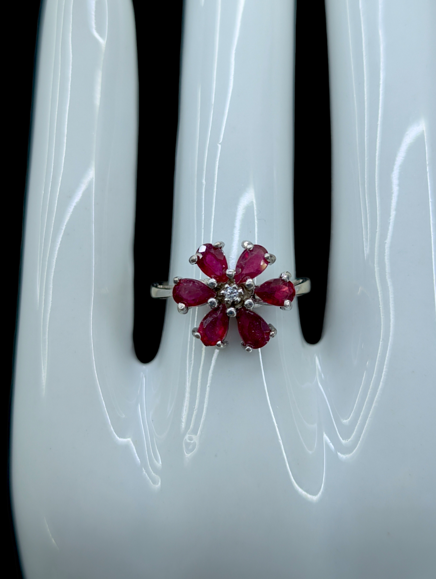 Vintage Flower Genuine Ruby and Genuine White Topaz Rhodium Over Sterling Silver Ring