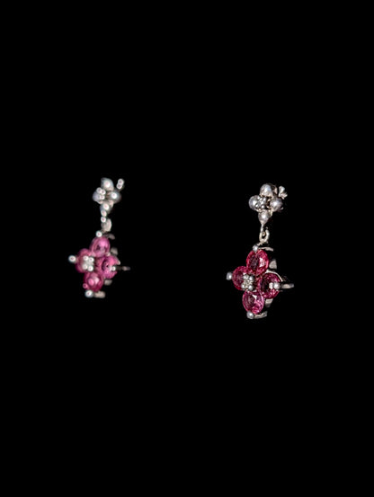 Vintage Flower Genuine Pink Sapphire and Diamond Sterling Silver Drop Earrings