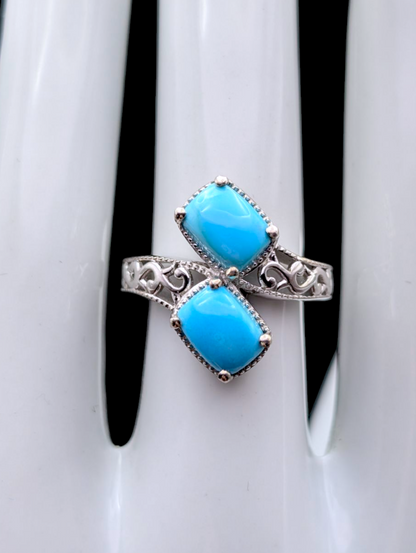 Vintage Twin Cabochon Genuine Sleeping Beauty Turquoise Wrap Sterling Silver Ring