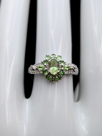 Vintage Genuine Tsavorite Garnet and White Zircon Elegant Sterling Silver Ring