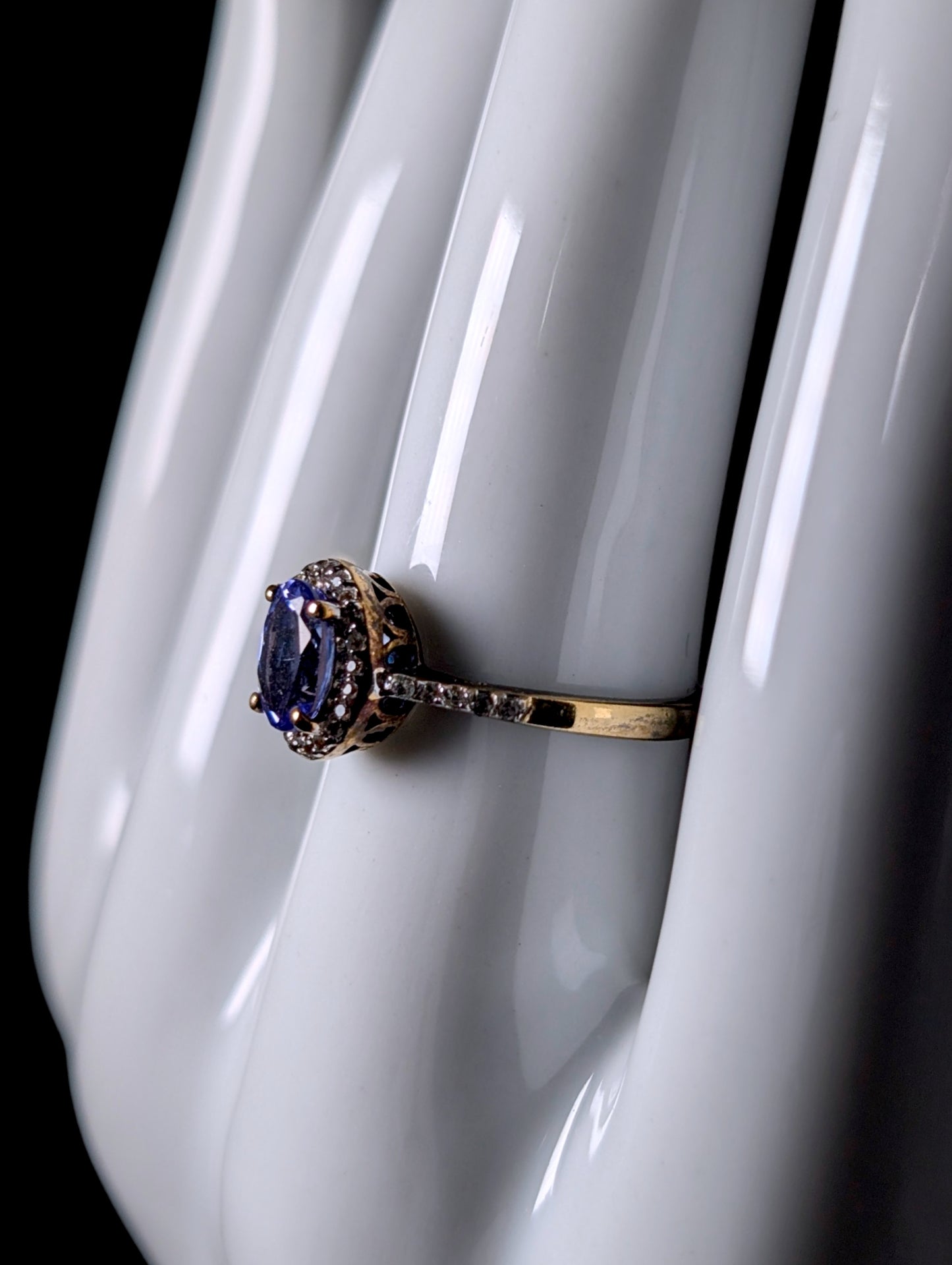 Vintage Genuine Kyanite Solitaire with White Topaz Halo Gold over Sterling Ring