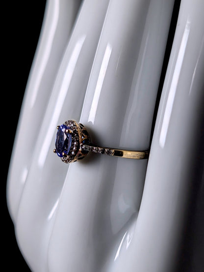 Vintage Genuine Kyanite Solitaire with White Topaz Halo Gold over Sterling Ring