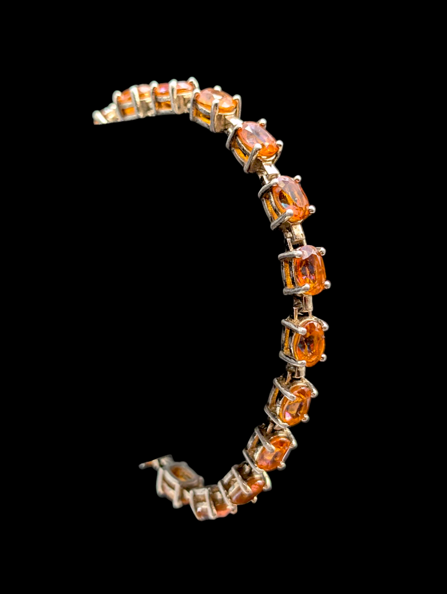Vintage 14+ Carat Oval Cut Orange Genuine Mexican Fire Opal Pink and Blue Flash Sterling Silver Tennis Bracelet
