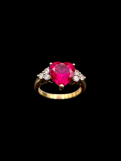 Vintage Genuine Red Ruby Heart with White Sapphire 14k Yellow Gold Vermeil Ring