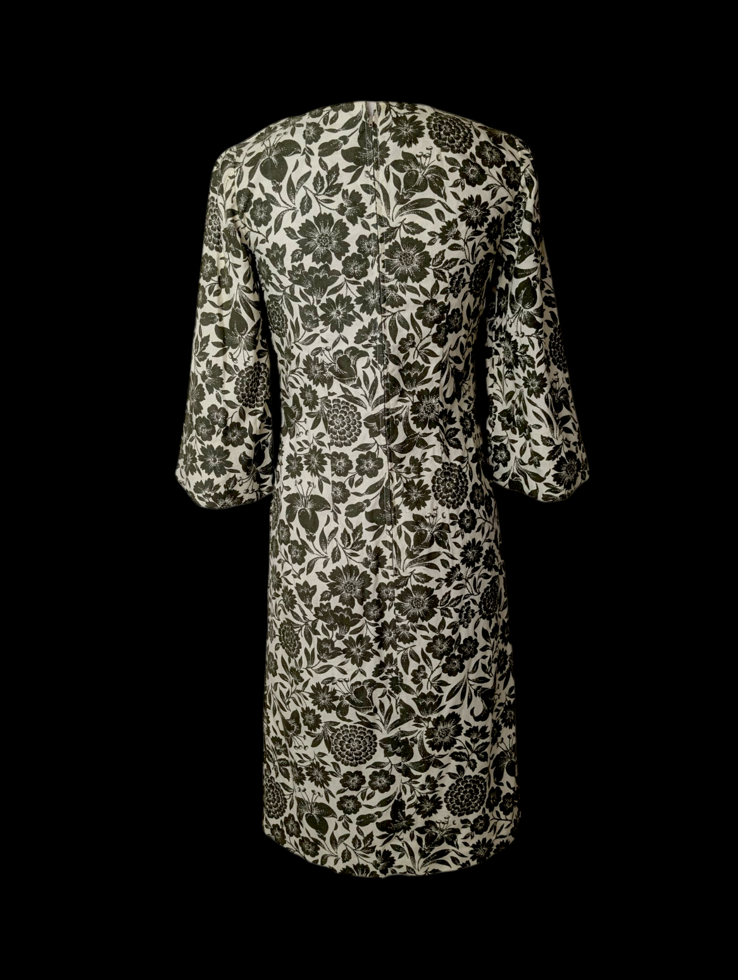 1960s Vintage Mod Green and Cream Boat Neck, 3/4 Bell Sleeve, in Broadcloth Handmade Dress