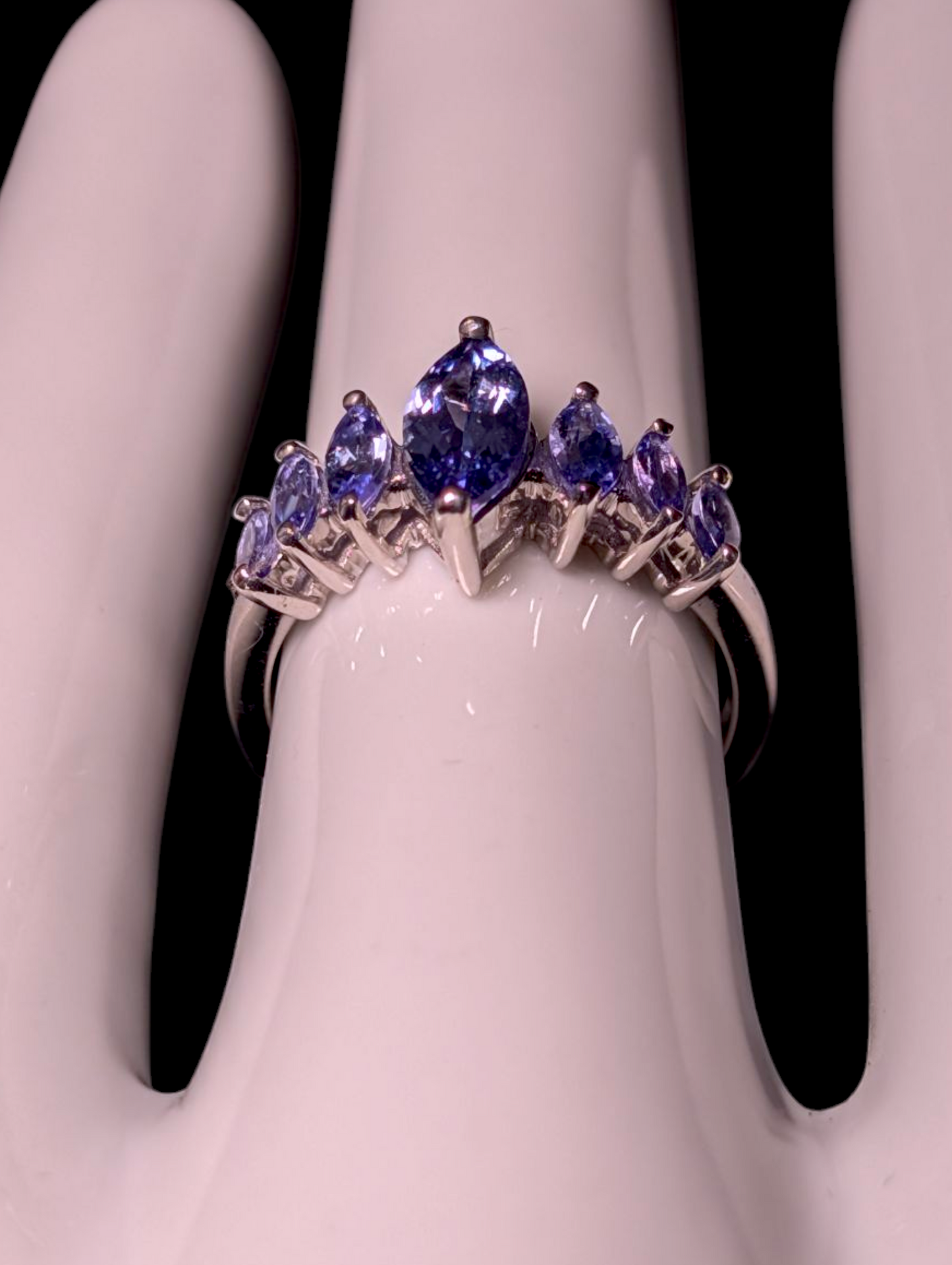 Vintage Marquise Cut Graduating Genuine Tanzanite Sterling Silver Band Ring