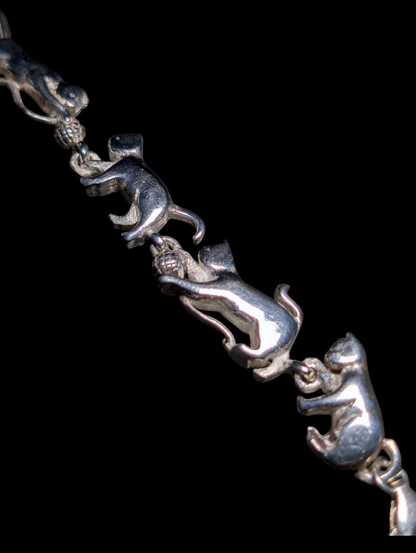 Vintage Cat's Chasing Yarn Sterling Silver Adjustable Link Bracelet with Lobster Clasp