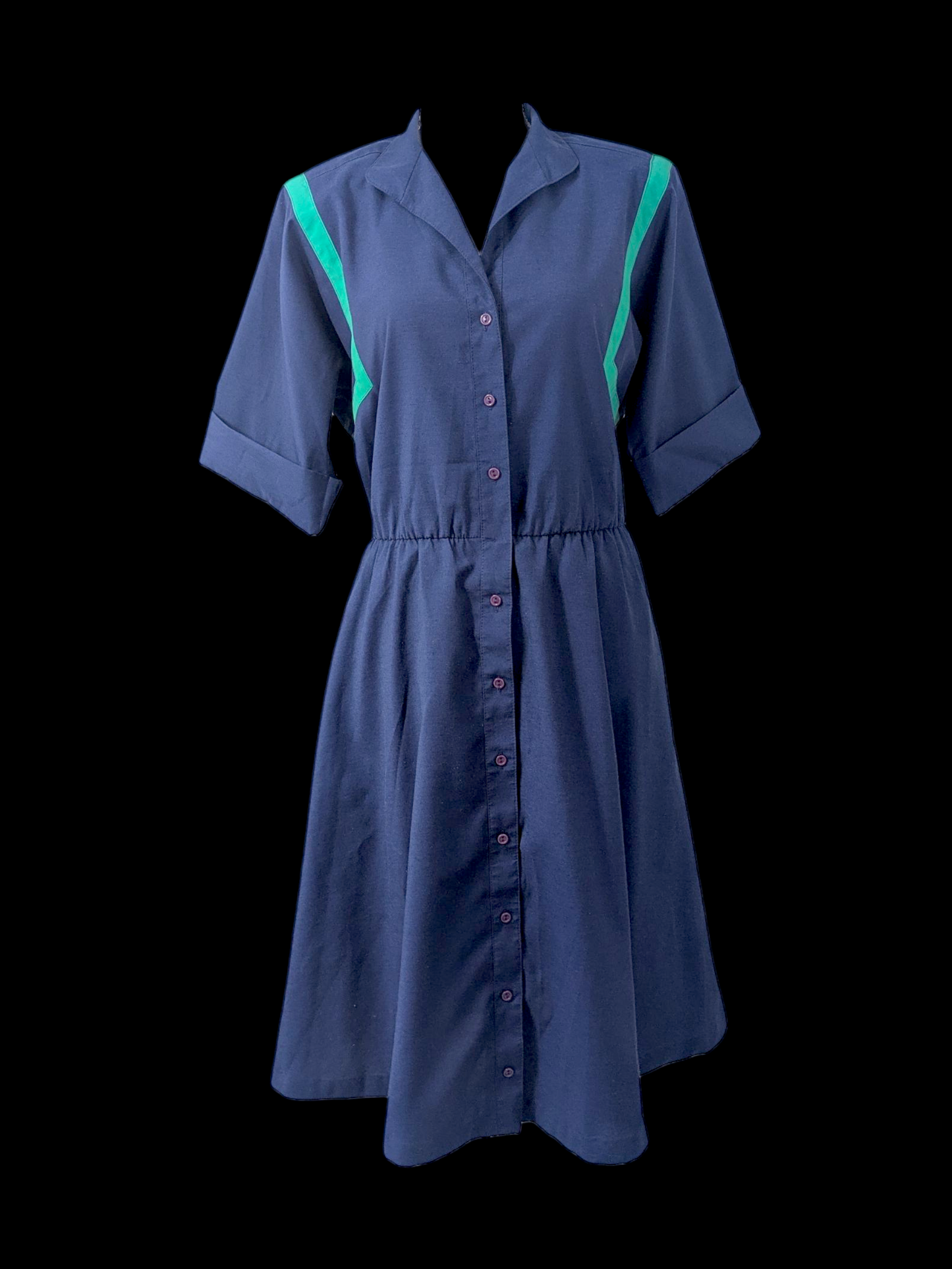 1980s Vintage Willi of California Navy and Teal Blue Elastic Waist House Dress